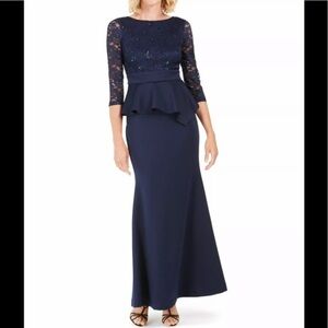 Women’s Formal Dress Size 10 Jessica Howard Sequin Lace 3/4 Sleeve Navy Gown NEW